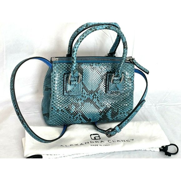ALEXANDRA CLANCY Python Mini Ashdon Tote Crossbody Bag Blue Black Snakes Italy - Picture 12 of 12
